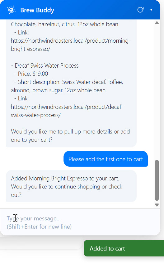 Visitor asks 'I'm looking for an espresso blend'; Arguto recommends Morning Bright Espresso and adds it to cart