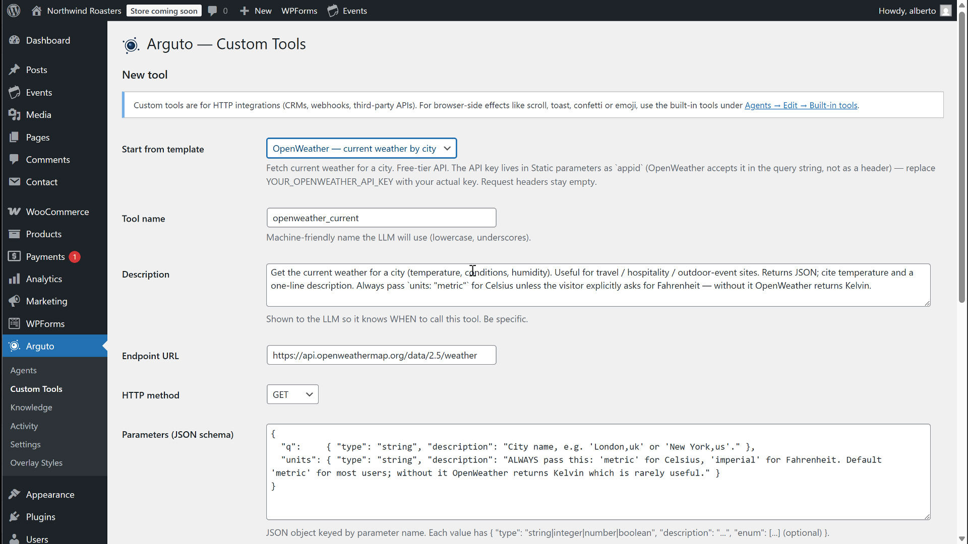 Arguto Custom Tools admin with the OpenWeather template selected and the form pre-filled