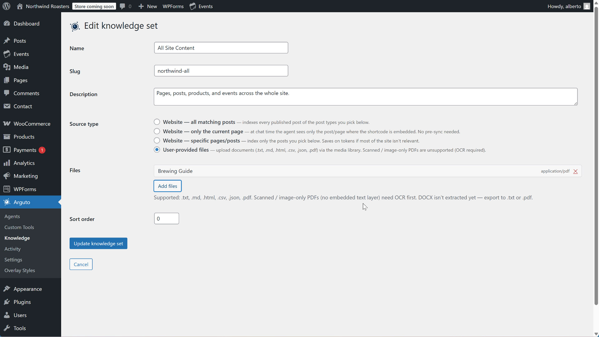 Arguto Knowledge admin showing a PDF uploaded and the chat citing it in a reply