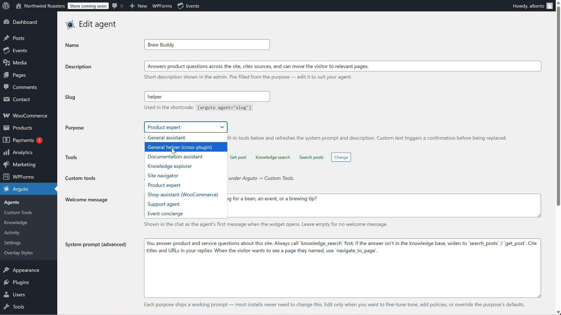 Arguto admin Agents page showing the Purpose dropdown — Site navigator, Shop assistant, Event concierge, Support agent, Product expert
