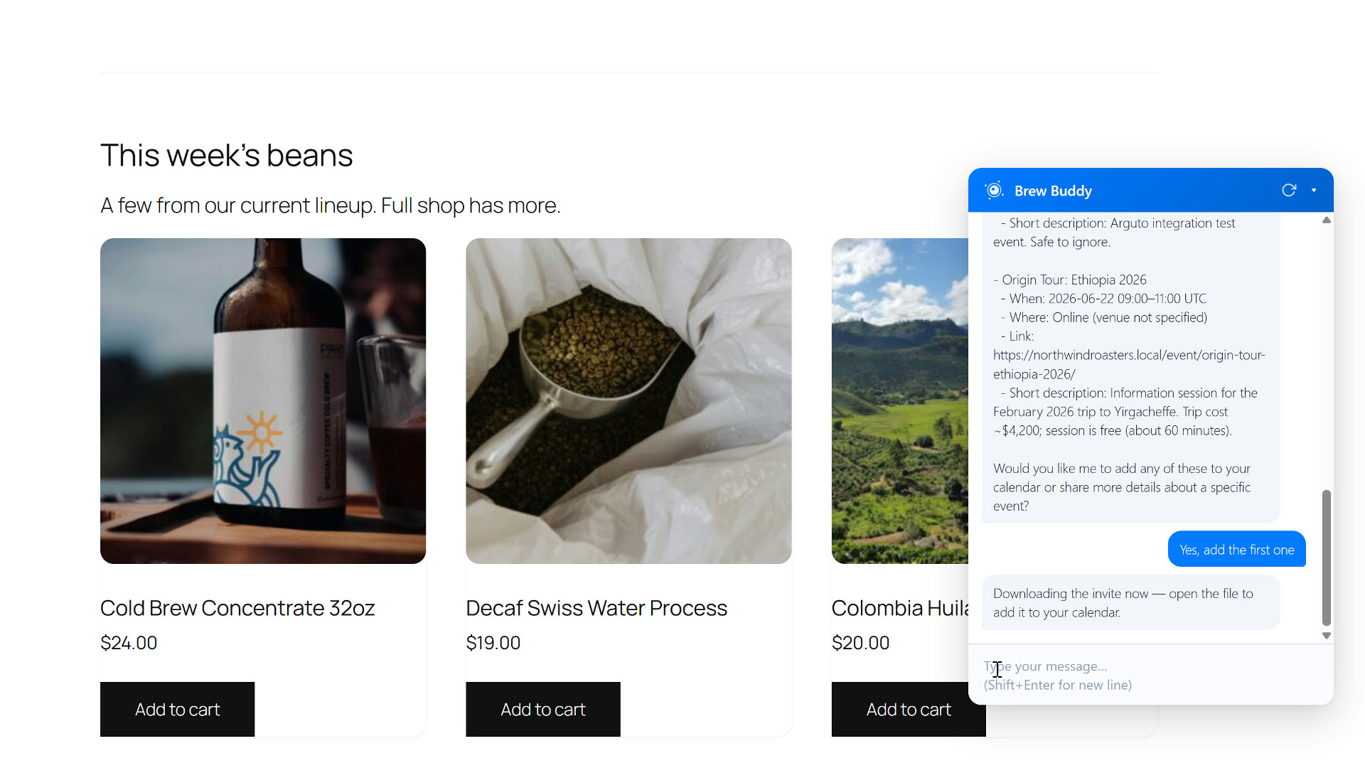 Arguto product video — Brew Buddy lists upcoming events in the chat with a one-click .ics calendar download